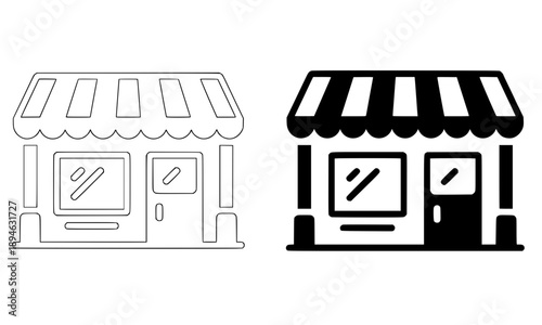 Storefront icon set featuring a classic retail building with awning and display window representing small business brick and mortar shops boutique storefronts and local commerce.