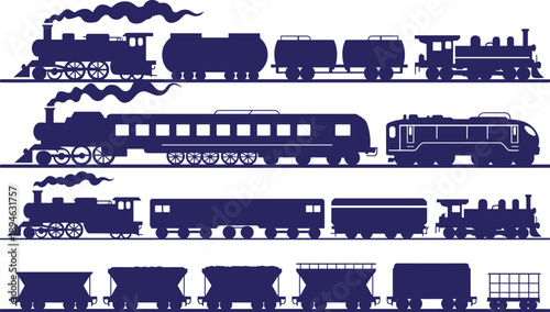 Train silhouette illustration set featuring steam locomotives passenger coaches freight wagons and modern rail transport vehicles solid blue vector collection