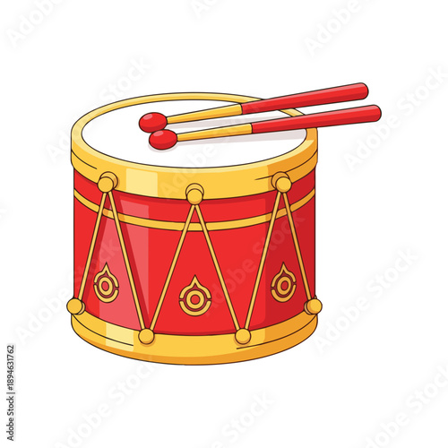 Red Cartoon Drum with Drumsticks Musical Instrument Vector