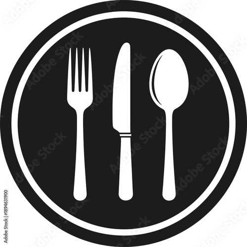 Simple black and white icon representing cutlery a fork, knife, and spoon in a circle