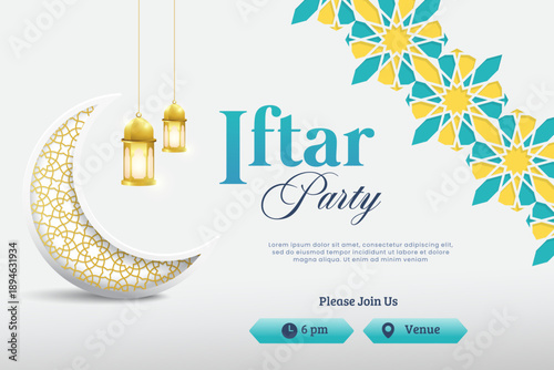 Modern Iftar Party invitation with teal and yellow geometric patterns, gold lanterns, and a patterned white crescent moon.