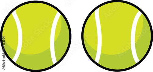 Two bright yellow tennis balls with white curved lines, isolated on a white background, vector graphic