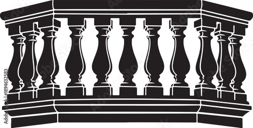 Black and white illustration of ornate balustrade railing design