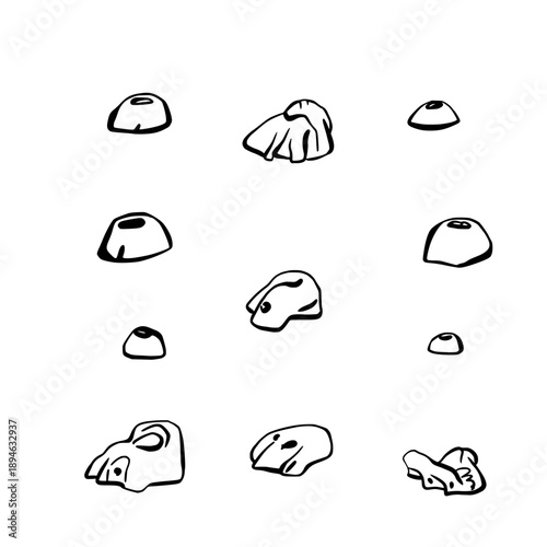Climbing grips, holds set of different shapes for bouldering wall. Stones for indoor rock climbing in the gym. Vector drawing line art illustration isolated from background for extreme sports clipart