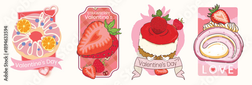 Strawberry Valentine's Day Dessert Set - Kawaii Illustrations of Donut, Strawberry Slice, Cheesecake, and Swiss Roll