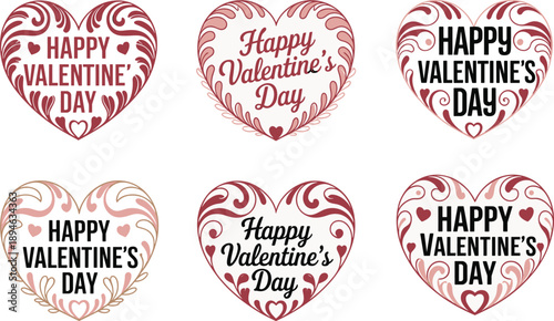 Happy Valentine’s Day decorative hearts, romantic swirls design, love celebration illustration, pink and red heart graphics, festive greeting card artwork