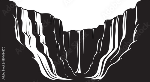Black and white illustration of a deep rocky canyon