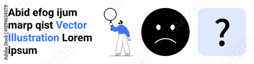 Person holding magnifying glass next to sad face and question mark, hinting at problem-solving, exploration, and emotions. Ideal for analysis, feedback, psychology, curiosity, education unresolved