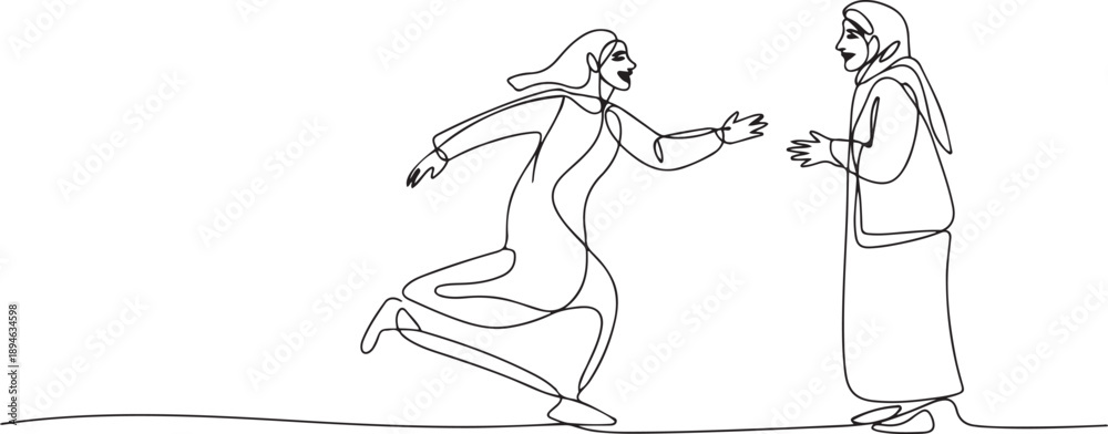 Fototapeta premium Continuous one line drawing happy Arabian woman running to meet grandmother. Vacation at grandparents home. Mother, senior female. one line Icon drawing