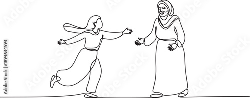 Continuous one line drawing happy Arabian woman running to meet grandmother. Vacation at grandparents home. Mother, senior female. one line Icon drawing