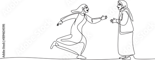 Continuous one line drawing happy Arabian woman running to meet grandmother. Vacation at grandparents home. Mother, senior female. one line Icon drawing