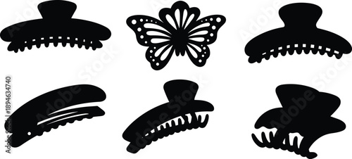 Collection of stylish hair claw clip silhouettes including butterfly design, trendy hair accessories, fashion clamps, women styling tools, beauty illustration