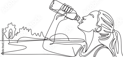 Continuous one line drawing hand holding water bottle in the park morning sunrise, Young woman drinking water after run, sport and health care concept. one line Icon drawing
