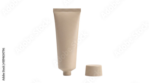 A beige cosmetic tube with its cap off on a white background.