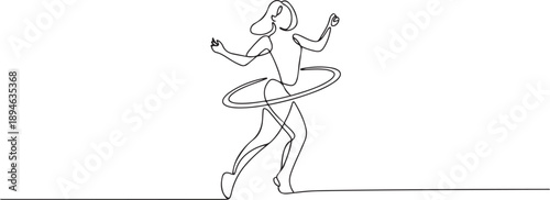 One single line drawing of young energetic woman fun exercise with hula hoop in gym fitness center graphic vector illustration. Healthy lifestyle sport concept. one line Icon drawing