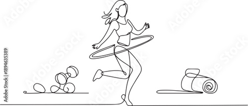 One single line drawing of young energetic woman fun exercise with hula hoop in gym fitness center graphic vector illustration. Healthy lifestyle sport concept. one line Icon drawing