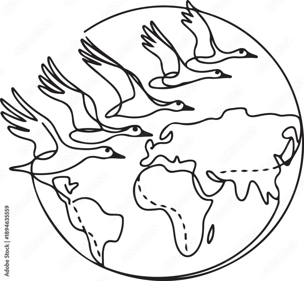 Fototapeta premium Single one line drawing goose flies mass around globe full. Go in groups to avoid predatory birds. Avoiding summer in the south. World Migratory Bird Day. one line Icon drawing