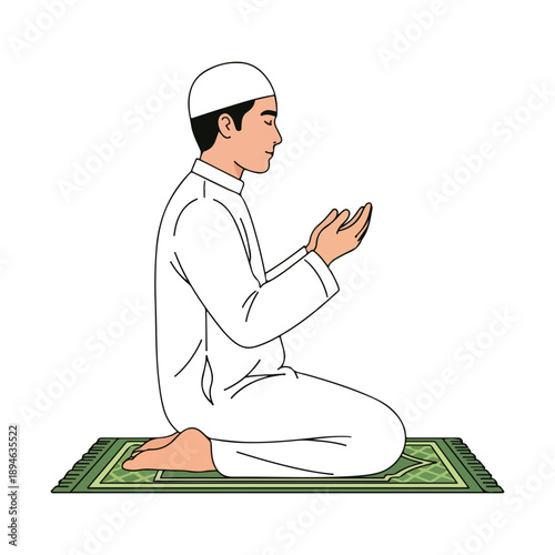 Muslim Man Kneeling Praying on Mat Religious Supplication Dua