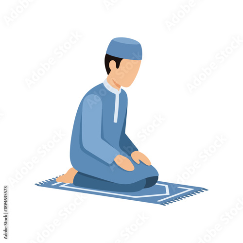 Muslim man performing Salat prayer kneeling position