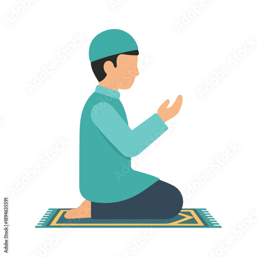Muslim man praying on a mat Flat vector illustration