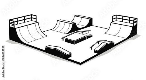 A black silhouette of a skatepark with ramps rails and a flat surface ideal for design projects on transparent background