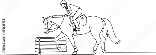 Single continuous line drawing of young professional horseback rider running with a horse around the stables. Equestrian sport training process concept. one line Icon drawing