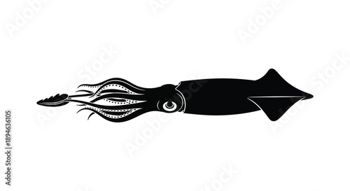 A striking black squid illustration with detailed tentacles and a large eye ideal for design projects on transparent background silhouette
