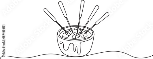 Single one line drawing a pot and some forks stabbed into food. Really enjoyed the process of eating it. Impression way to eat. National Cheese Fondue Day. one line Icon drawing