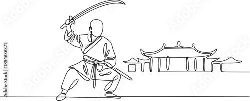 Single continuous line drawing of young muscular shaolin monk man holding sword train at shaolin temple. Traditional Chinese kung fu fight concept. one line Icon drawing