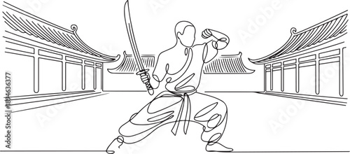 Single continuous line drawing of young muscular shaolin monk man holding sword train at shaolin temple. Traditional Chinese kung fu fight concept. one line Icon drawing