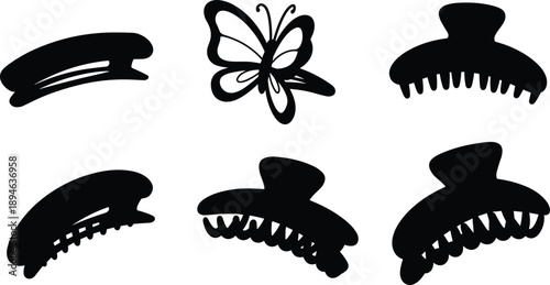 Collection of hair claw clip silhouettes with butterfly design, fashion accessories, stylish hair clamps, beauty tools for women hairstyle