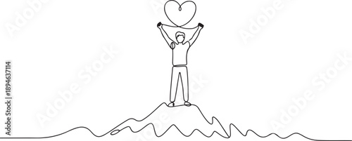 A single line drawing of a young man holding a heart high above his head on a mountain peak, symbolizing triumph and unity for Love Conquers All Day. one line Icon drawing