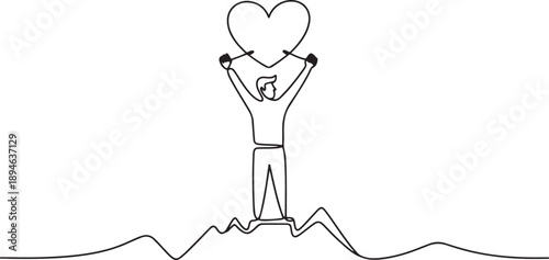A single line drawing of a young man holding a heart high above his head on a mountain peak, symbolizing triumph and unity for Love Conquers All Day. one line Icon drawing