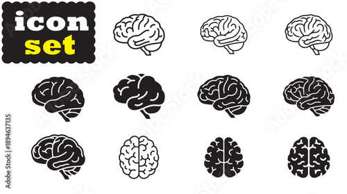 Human Brain Icon Set, Editable Solid Vector Illustration