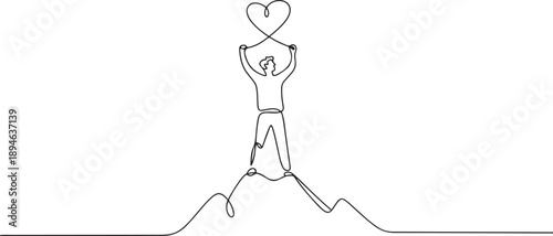 A single line drawing of a young man holding a heart high above his head on a mountain peak, symbolizing triumph and unity for Love Conquers All Day. one line Icon drawing