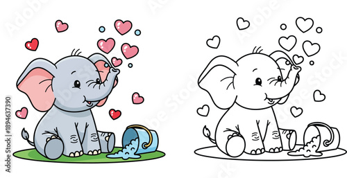 Foto Cute cartoon baby elephant blowing heart bubbles, color and outline version for