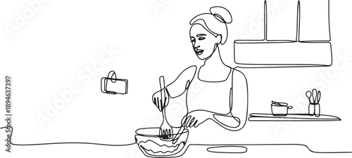 Single one line drawing woman in kitchen preparing dessert at home, stirring dough with spatula. Cooking live streaming. Blogger prepares meal online. one line Icon drawing