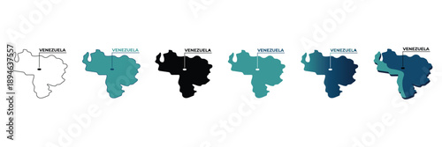 Six different vector-style maps of Venezuela, showcasing various color fills and outlines, including solid, gradient, and layered designs, with the capital city marked.