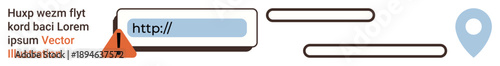Online security, risk management, web development, cybersecurity, internet safety, digital warning. Graphic URL bar with alert triangle and marker icon. Online security and risk management theme