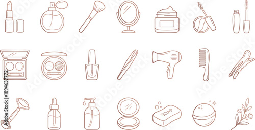 Title: Collection of linear beauty and cosmetics icons featuring makeup products skincare tools accessories and personal hygiene items in pink.