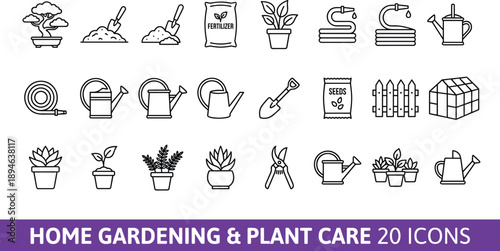 Title: Home gardening and plant care line icons set featuring watering can hose fertilizer and potted plants vector illustration for hobby.