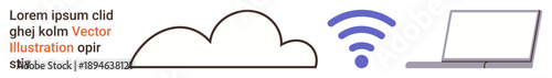 Cloud computing, wireless communication, technology infrastructure, internet services, data sharing, remote access. Minimalist illustration features a cloud, wireless symbol and a laptop. Cloud