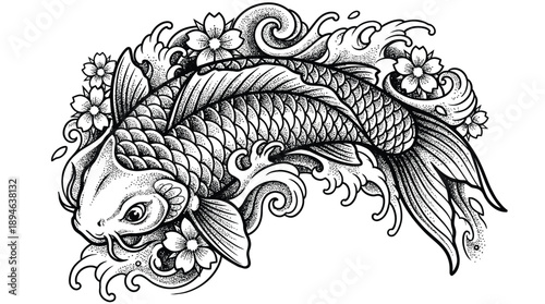 Intricate Koi Fish with Cherry Blossoms and Waves Line Art.