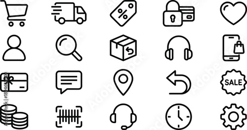 Title: Comprehensive e-commerce and online shopping line icon set featuring cart delivery payment customer support and discount symbols vector.