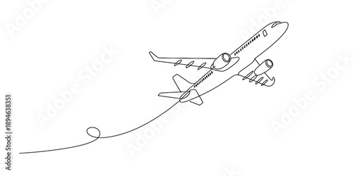 Continuous line drawing of a passenger airplane taking off, symbolizing travel and adventure
