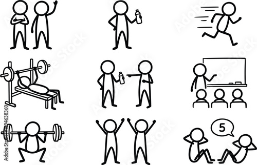 Title: Stick figure human activity and fitness icon set featuring people exercising running teaching communicating and working out vector.