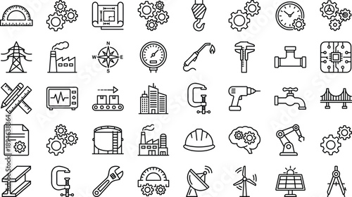 Title: Industrial engineering and manufacturing icon set featuring gears factory robots blueprints renewable energy and automation symbols vector.