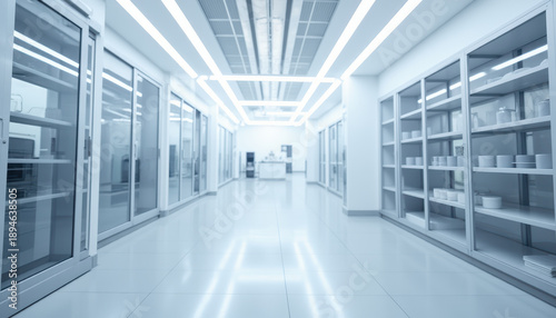 Modern pharmacy interior white corridor clean shelf empty aisle bright light glass door tiled floor medical store retail space clinical design modern pharmacy interior with white corridor clean