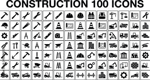 Mega collection of construction silhouette icons containing heavy machinery hand tools building materials safety gear and architectural equipment for industry.