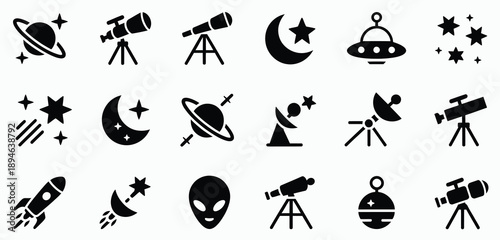 Astronomy vector icon set including space objects, planets, stars, rocket ships, telescopes, and orbital symbols, suitable for science education, space exploration themes, and professional vector
